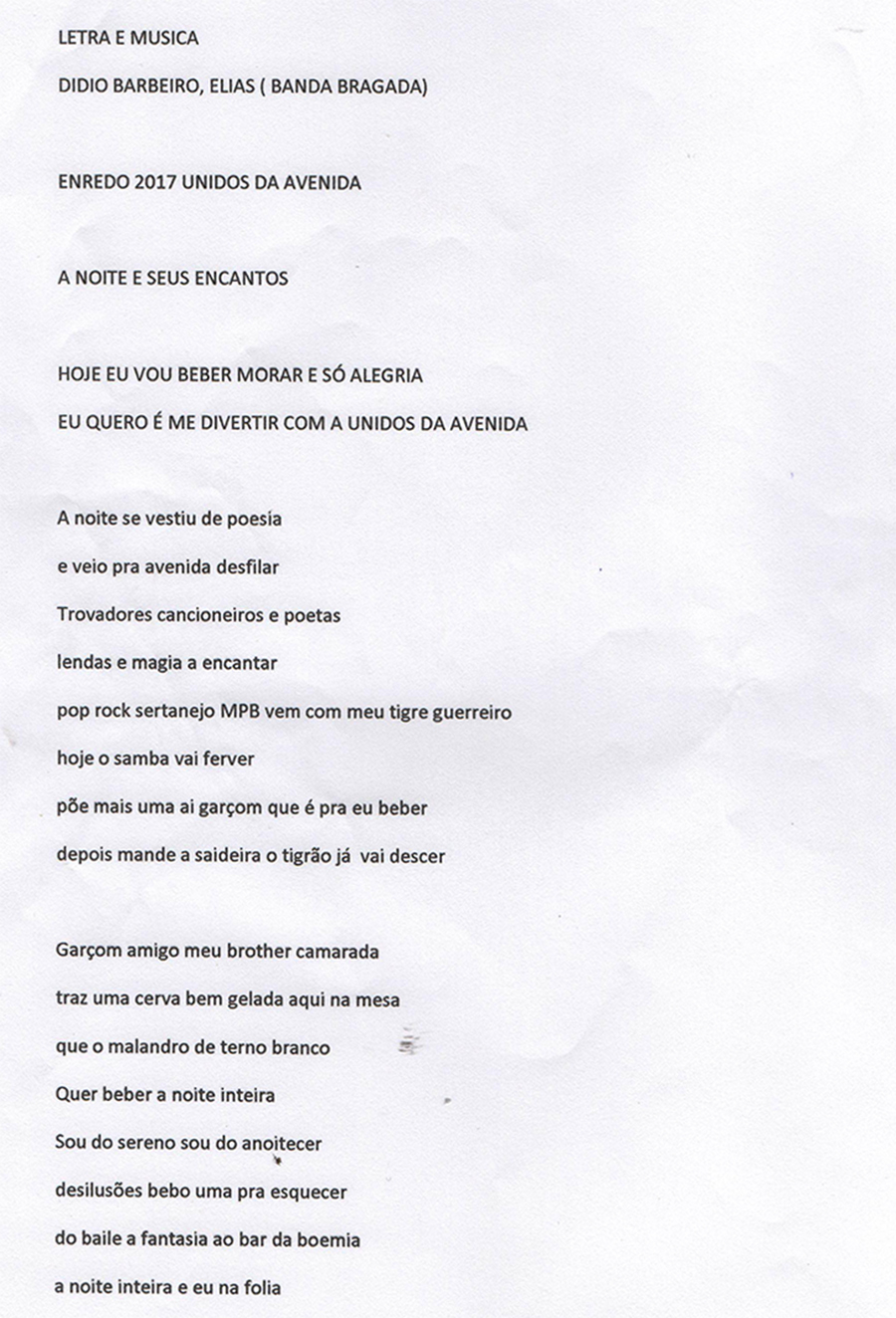 LETRA AVENIDA - CARNAVAL 2017